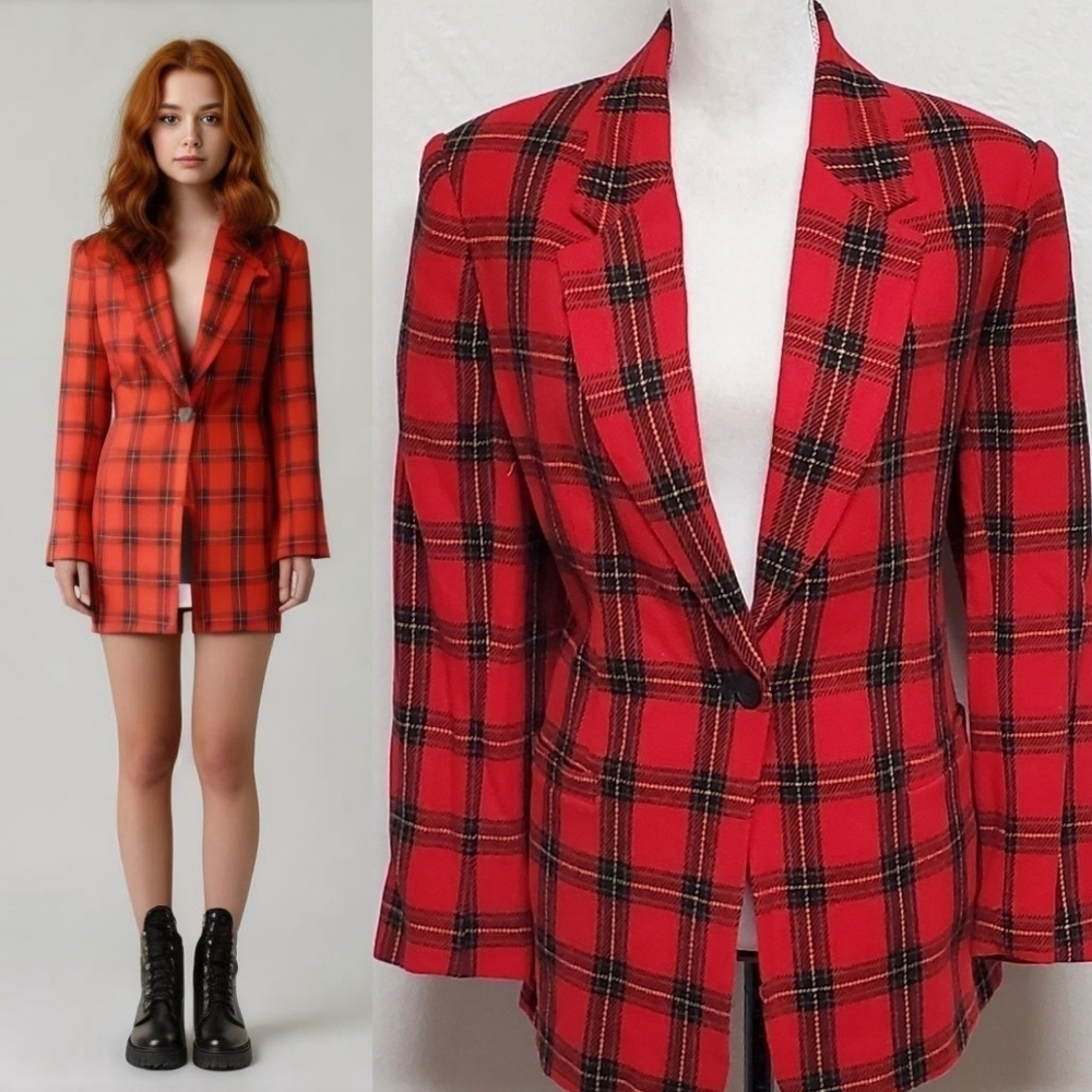 90s Vintage White Stag Red Green Tartan Plaid Wool Notched Collar Blazer Jacket